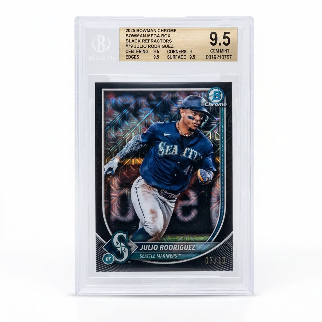 2025 Bowman Chrome Mega Box Julio Rodriguez Black Refractor #79 07/10 – BGS 9.5 Gem Mint